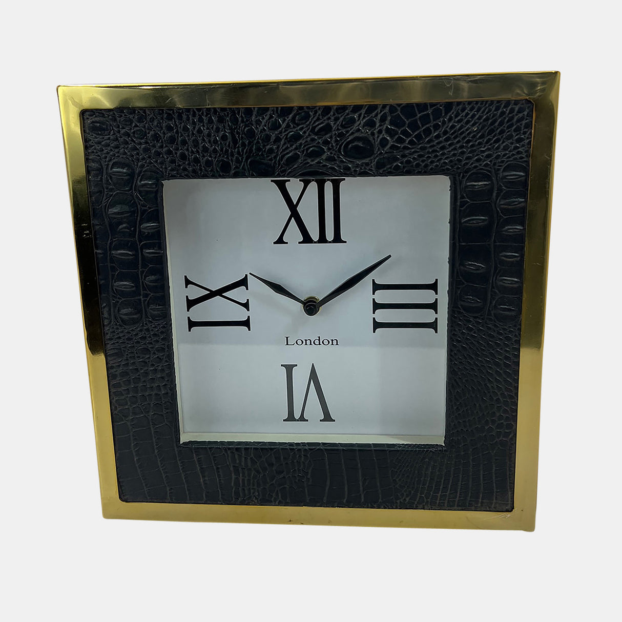 10" Faux Leather Croc Square Clock, Black/gold from Sagebrook Home - Luna Furniture