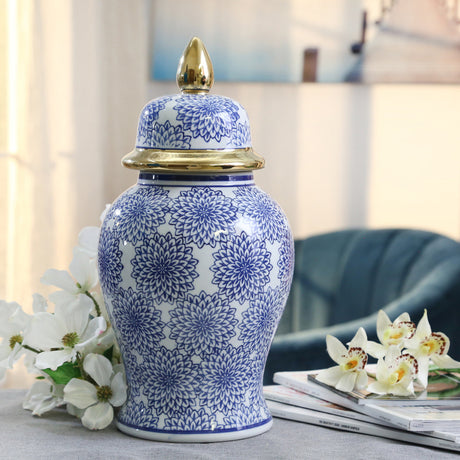 14" Temple Jar W/dalhia Flower,blue & White - VC10467-03
