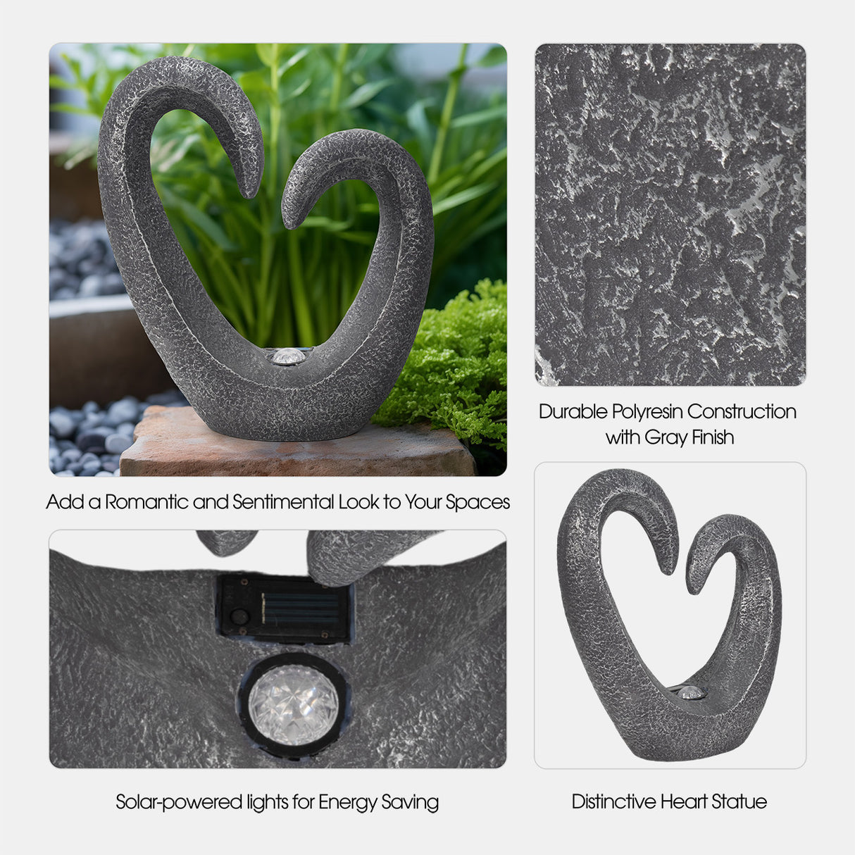 19" Heart Statue With Solar, Dark Grey from Sagebrook Home - Luna Furniture