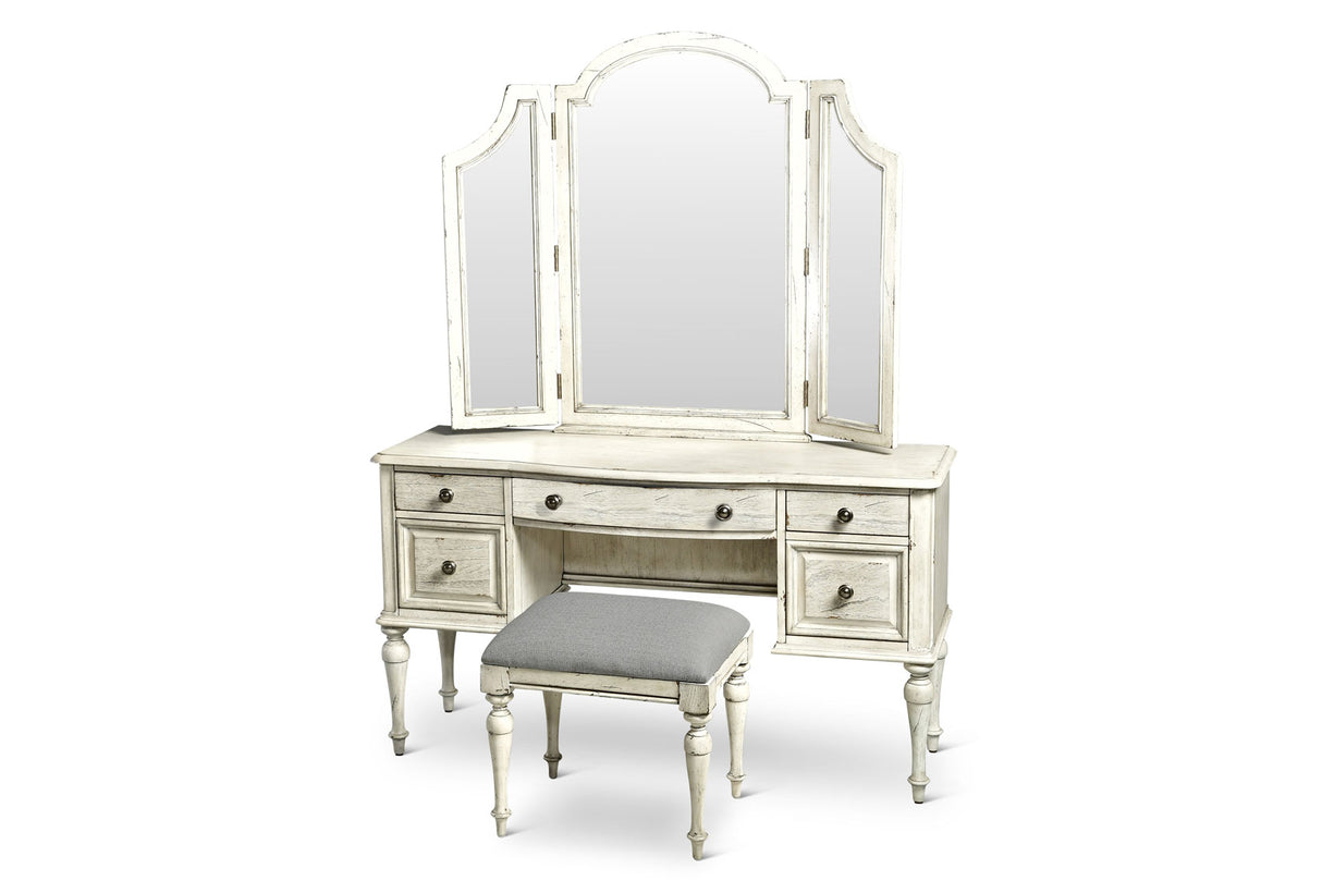 3-Piece Highland Park Vanity Set, Cathedral White (Vanity Desk, Tri-fold Mirror and Bench) from Steve Silver - Luna Furniture