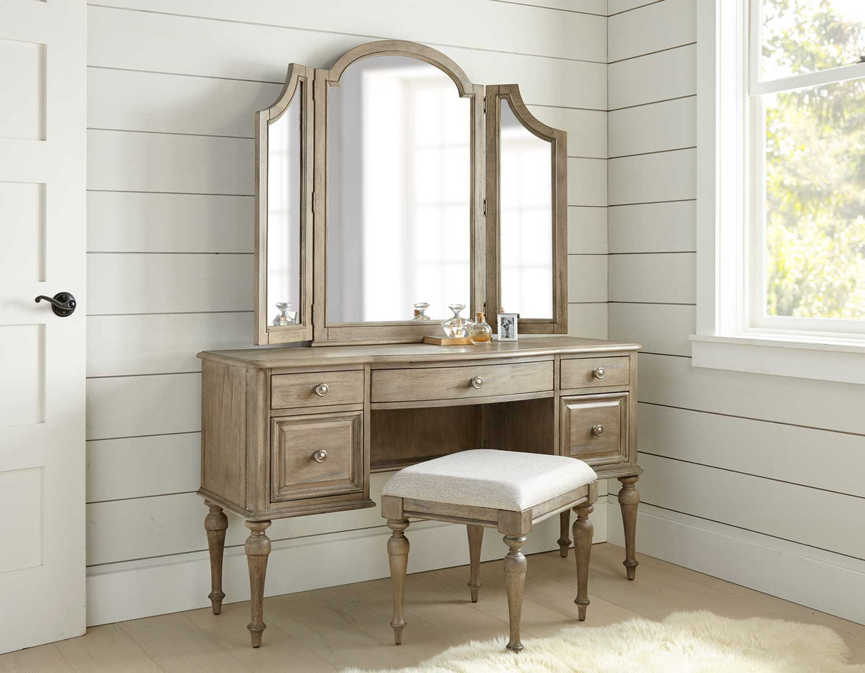 3-Piece Highland Park Vanity Set, Waxed Driftwood (Vanity Desk, Tri-fold Mirror and Bench) from Steve Silver - Luna Furniture