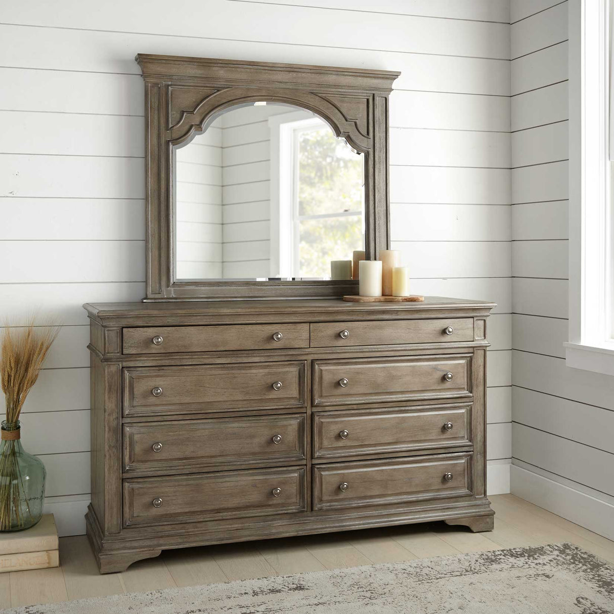 3-Piece Highland Park Vanity Set, Waxed Driftwood (Vanity Desk, Tri-fold Mirror and Bench) from Steve Silver - Luna Furniture