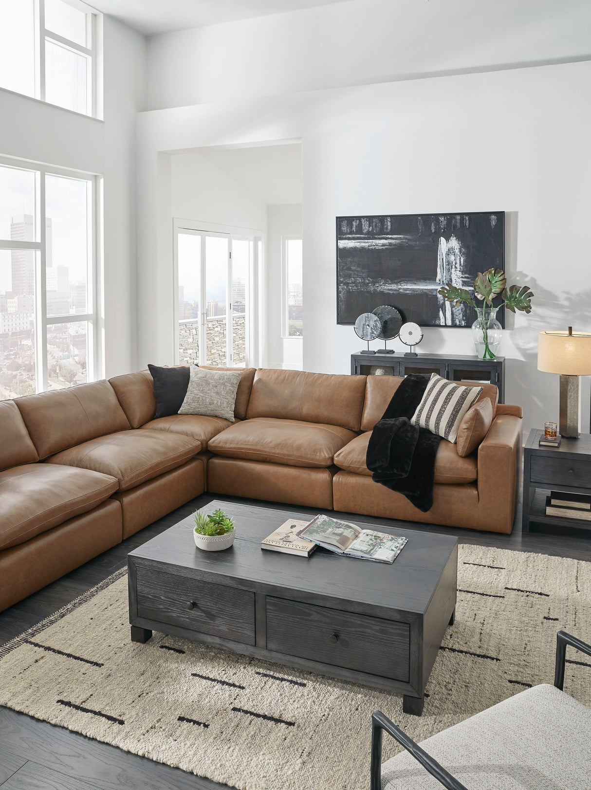 Emilia Caramel Leather 7-Piece Modular Sectional -  Ashley - Luna Furniture