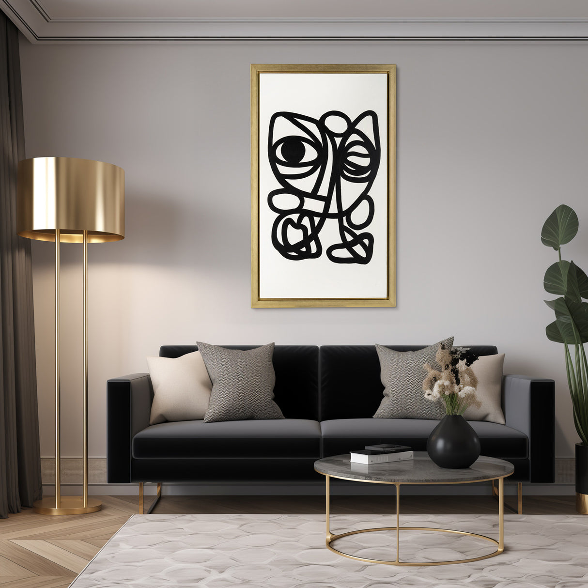 35x59, Hand Painted Gold Frame Geometric Face, Blk from Sagebrook Home - Luna Furniture