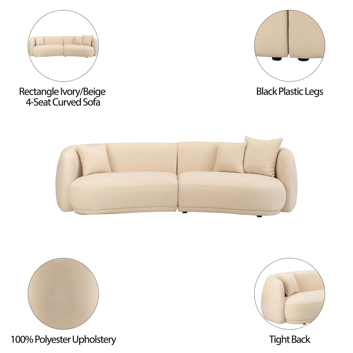 4-seat Curved Sofa, Ivory/beige 2boxes from Sagebrook Home - Luna Furniture