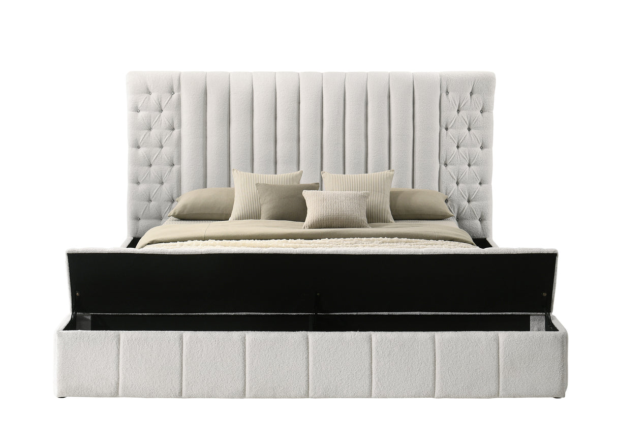 Danbury White Boucle King Upholstered Storage Panel Bed -  Crown Mark - Luna Furniture