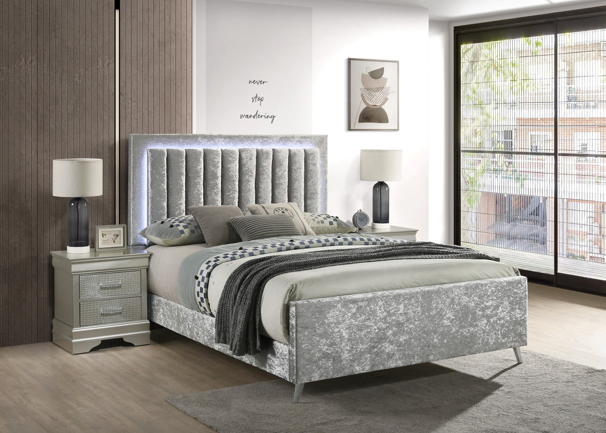 Glisten Silver King LED Upholstered Panel Bed -  Crown Mark - Luna Furniture