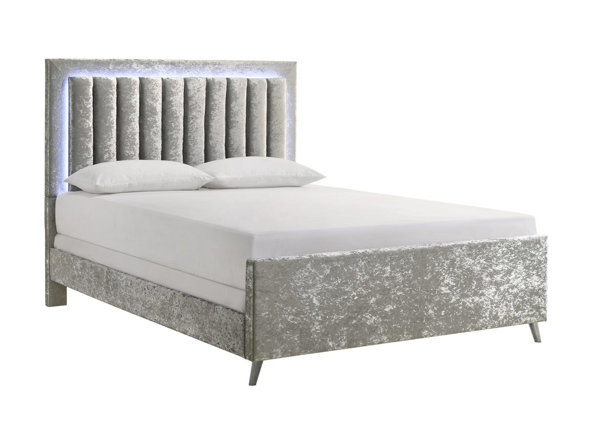 Glisten Silver King LED Upholstered Panel Bed -  Crown Mark - Luna Furniture