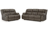 First Base Gunmetal Reclining Living Room Set -  Ashley - Luna Furniture