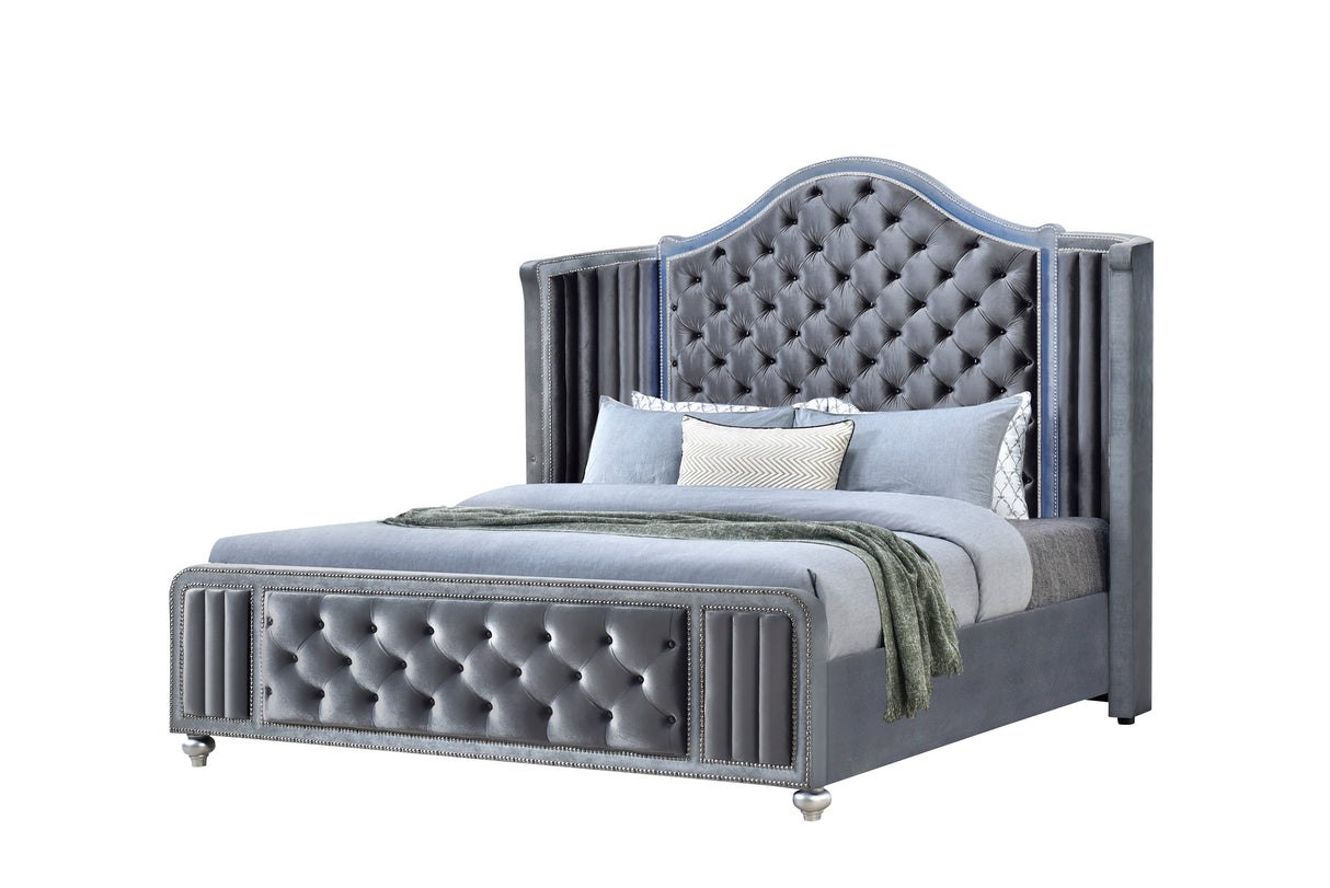 Cameo Gray Queen Upholstered Wingback Panel Bed -  Crown Mark - Luna Furniture