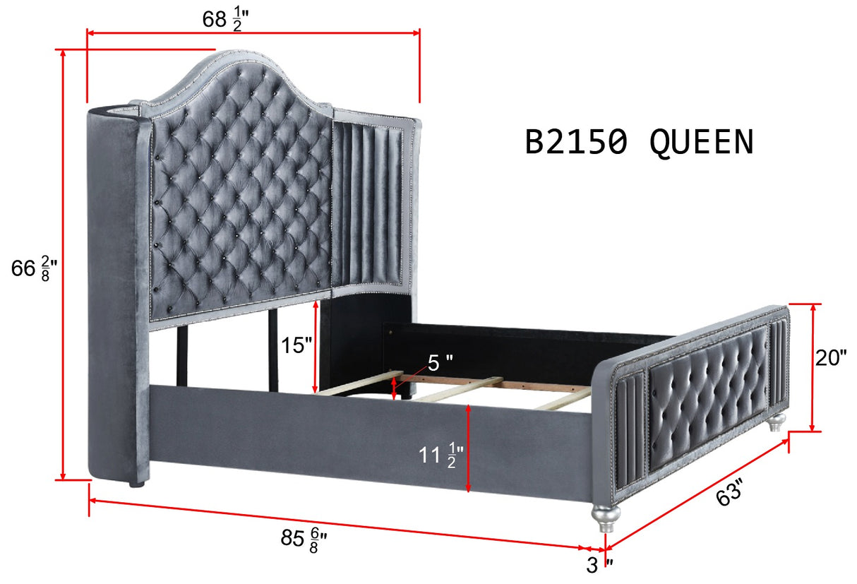 Cameo Gray Queen Upholstered Wingback Panel Bed -  Crown Mark - Luna Furniture