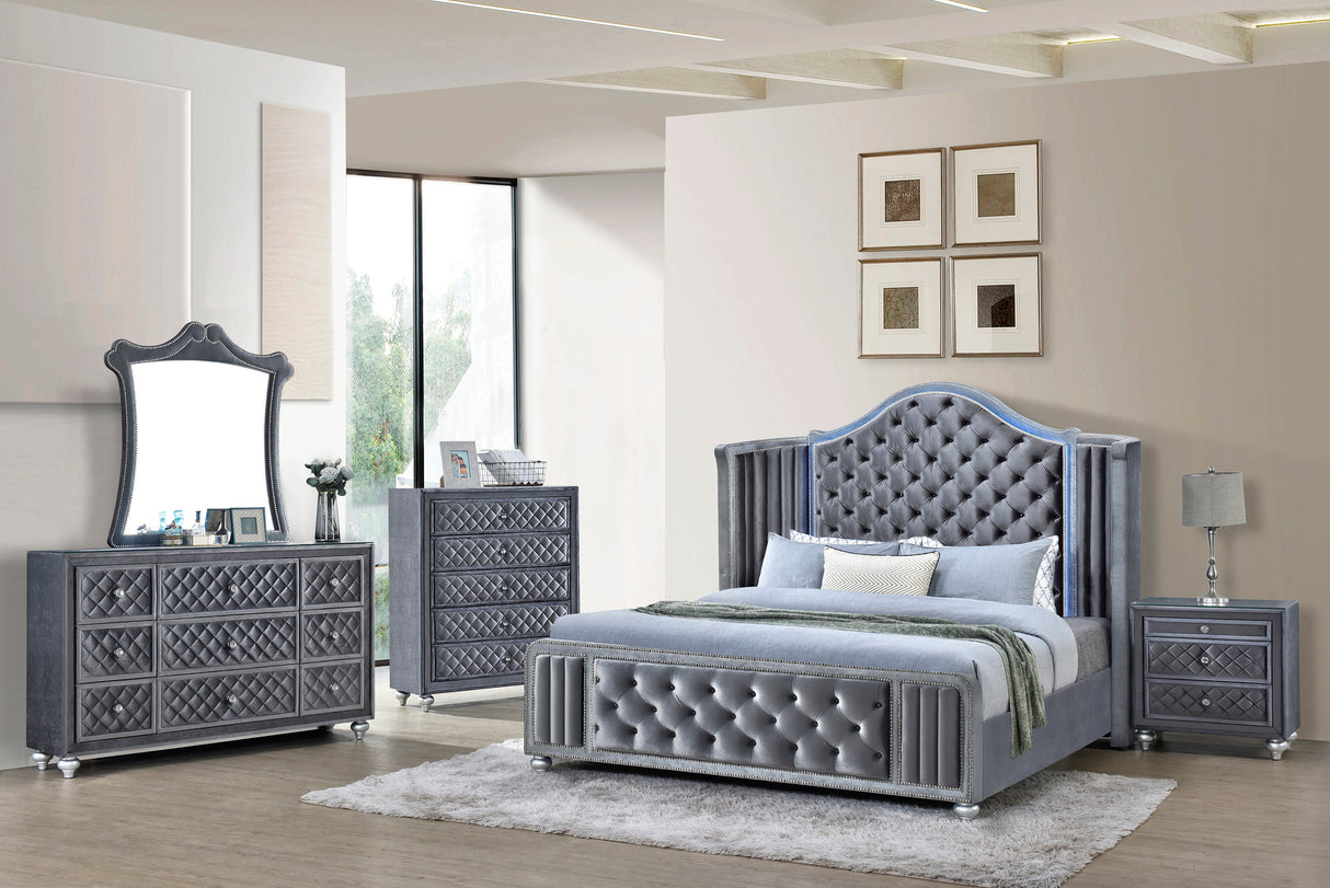 Cameo Gray King Upholstered Wingback Panel Bed -  Crown Mark - Luna Furniture