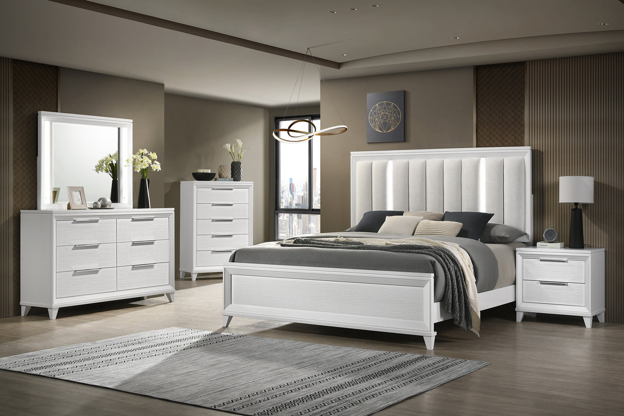 Cressida White Queen Upholstered LED Panel Bed -  Crown Mark - Luna Furniture