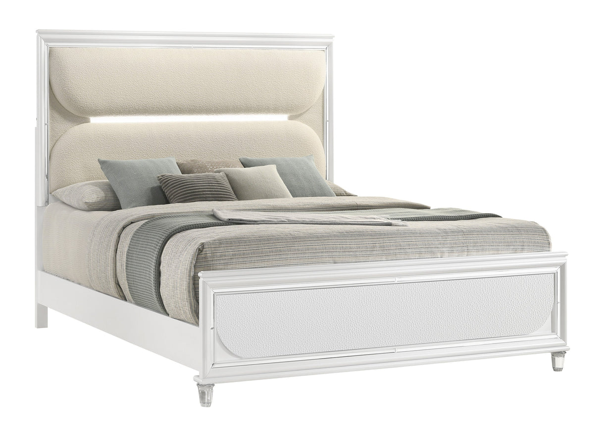 Eden White King Boucle Upholstered LED Panel Bed -  Crown Mark - Luna Furniture