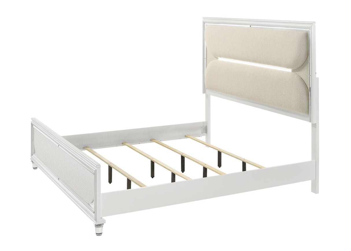 Eden White King Boucle Upholstered LED Panel Bed -  Crown Mark - Luna Furniture