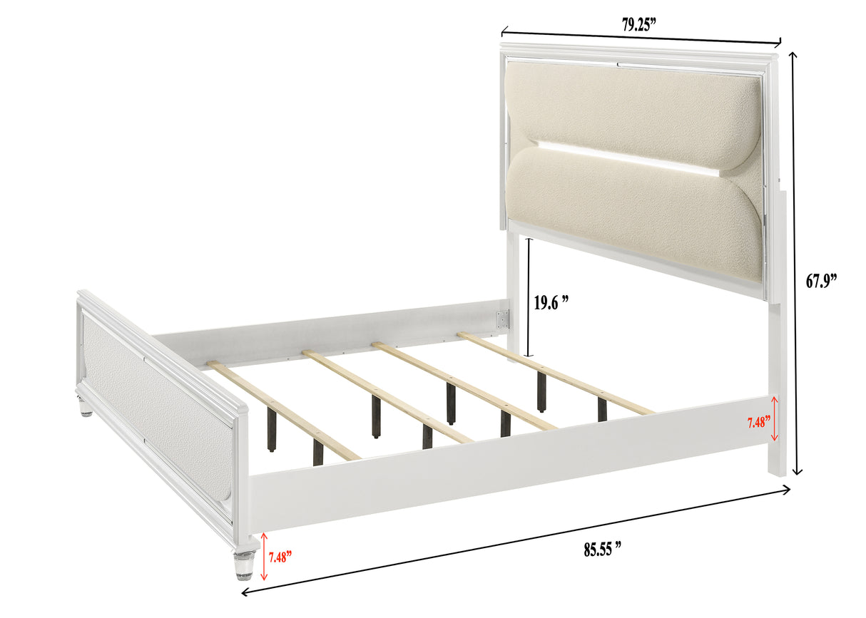 Eden White King Boucle Upholstered LED Panel Bed -  Crown Mark - Luna Furniture