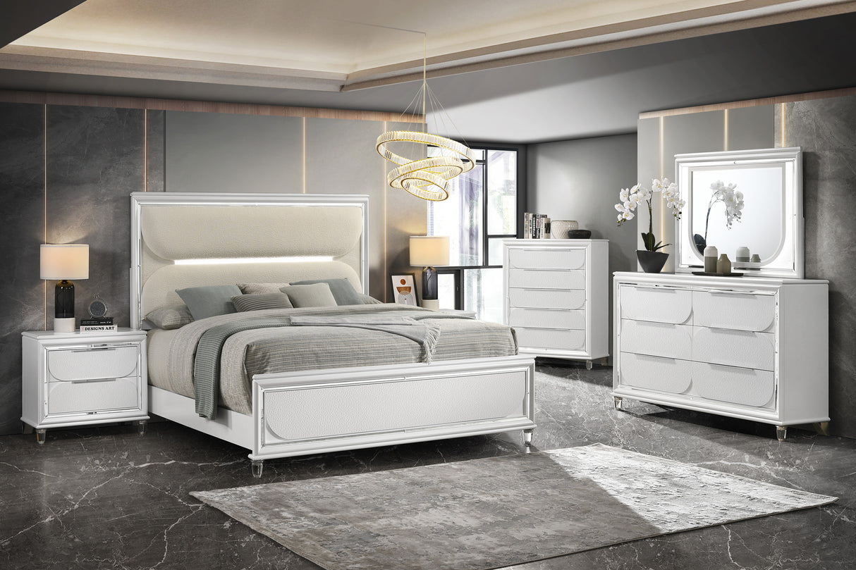 Eden White Boucle Upholstered LED Panel Bedroom Set -  Crown Mark - Luna Furniture