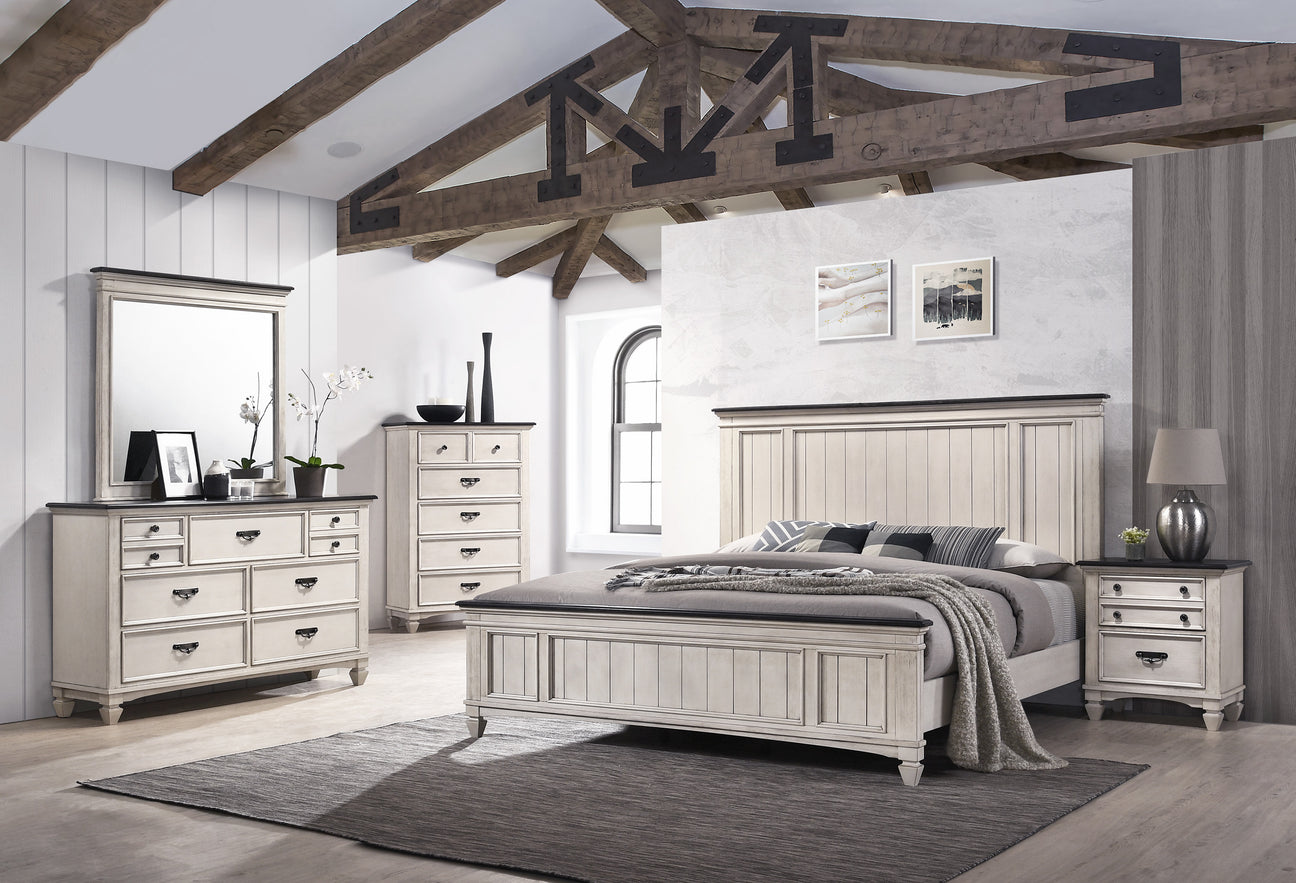 Sawyer Antique White/Brown Panel Bedroom Set -  - Luna Furniture