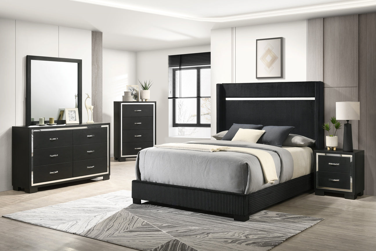 Gennro Black Corduroy Upholstered Panel Bedroom Set from Crown Mark - Luna Furniture