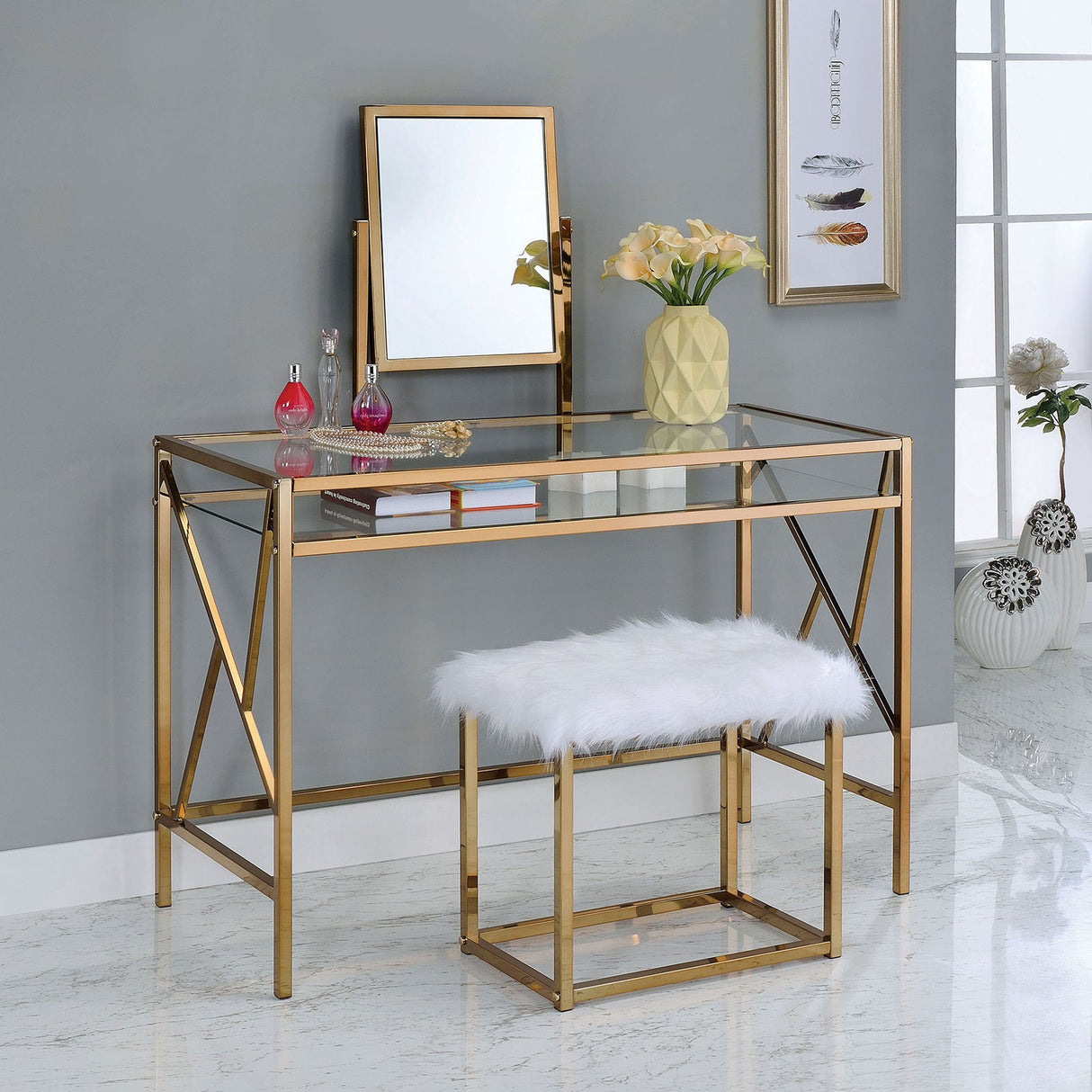 Lismore Champagne Vanity w/ Stool from Furniture of America - Luna Furniture