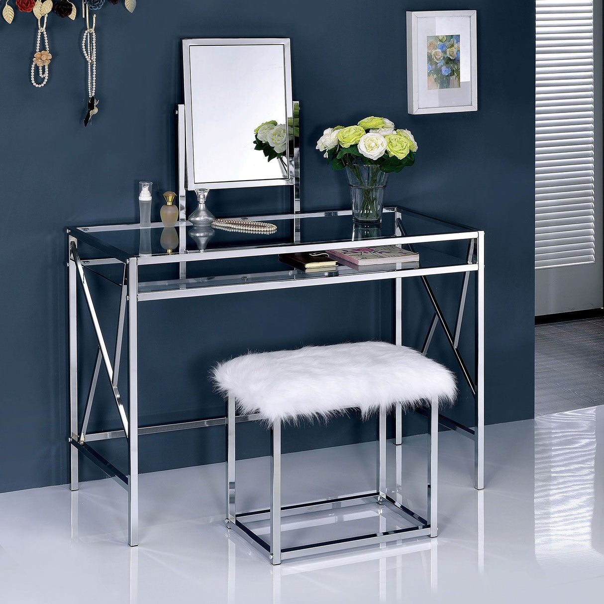 Lismore Chrome Vanity w/ Stool from Furniture of America - Luna Furniture