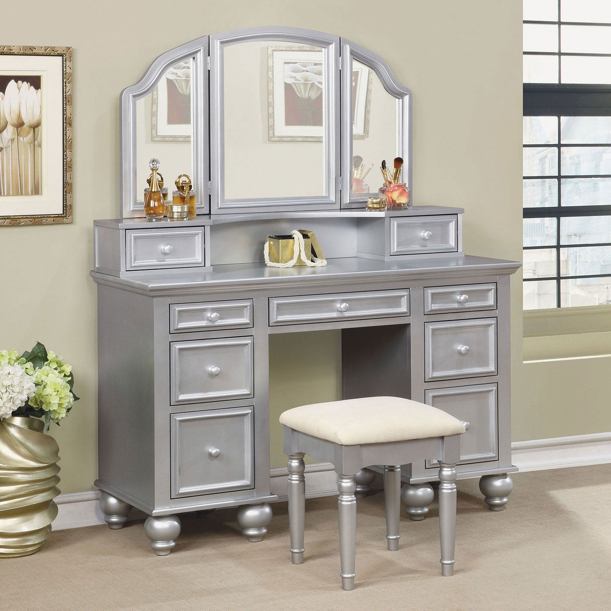 Athy Silver Vanity w/ Stool from Furniture of America - Luna Furniture