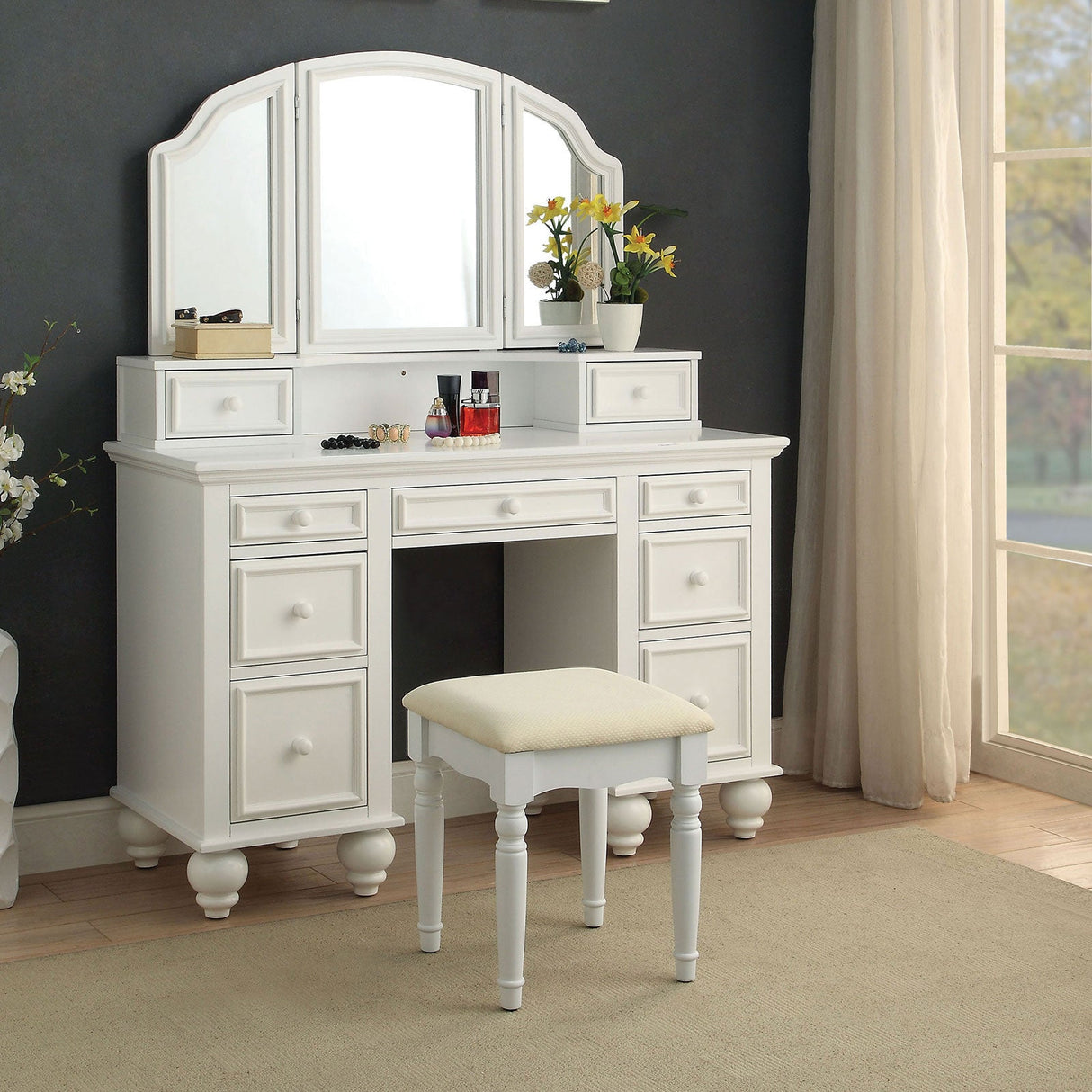 Athy White Vanity w/ Stool from Furniture of America - Luna Furniture