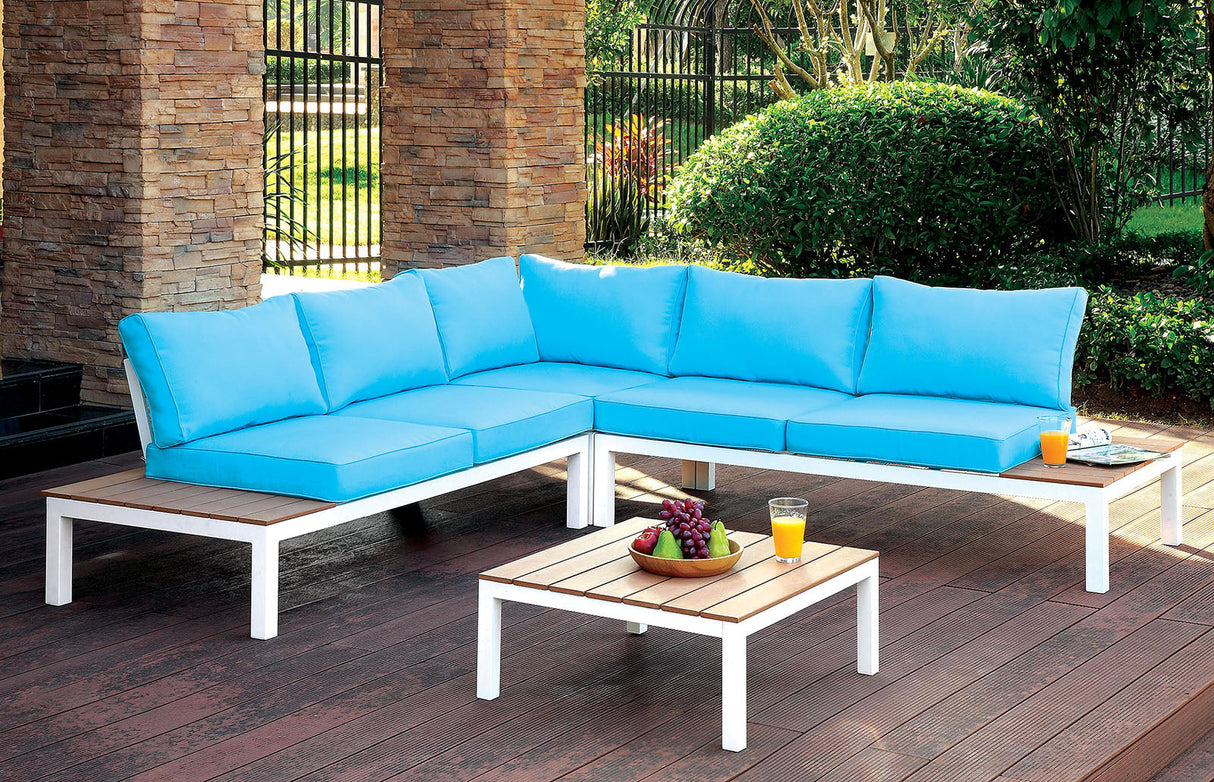 Winona White/Oak/Blue Patio Sectional w/ Ottoman from Furniture of America - Luna Furniture