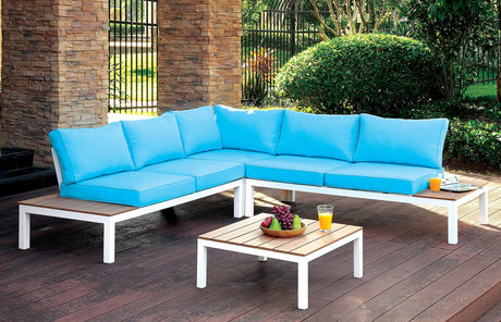 Winona White/Oak/Blue Patio Sectional w/ Ottoman from Furniture of America - Luna Furniture