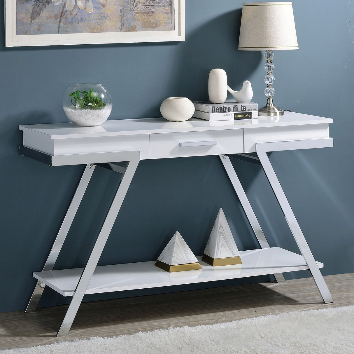 Titus White/Chrome Sofa Table from Furniture of America - Luna Furniture