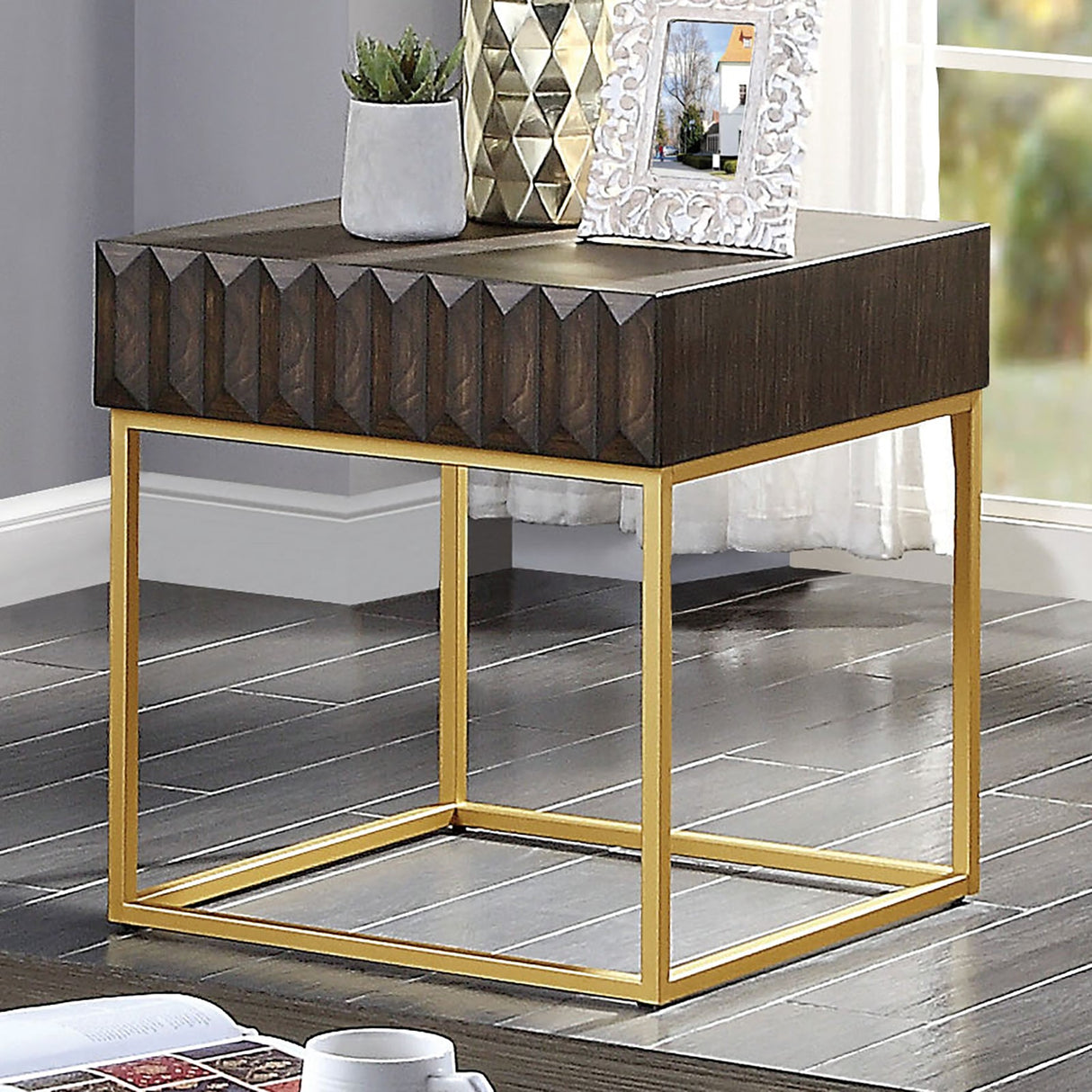 Augsburg Walnut/Gold End Table from Furniture of America - Luna Furniture