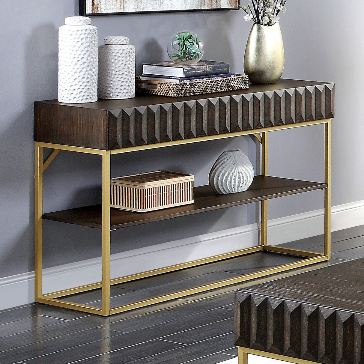 Augsburg Walnut/Gold Sofa Table from Furniture of America - Luna Furniture