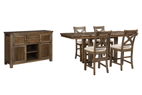 Moriville Grayish Brown Counter Height Dining Table, 4 Barstools and Server -  Ashley - Luna Furniture