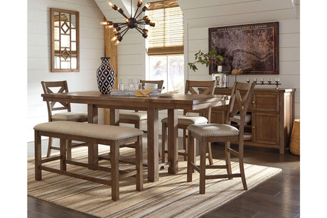 Moriville Grayish Brown Counter Height Dining Table with 4 Barstools, Bench, and Server -  Ashley - Luna Furniture