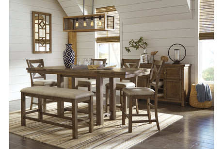 Moriville Grayish Brown Counter Height Dining Table with 4 Barstools, Bench, and Server -  Ashley - Luna Furniture