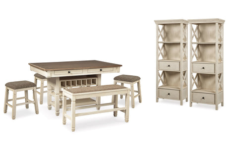 Bolanburg Antique White Counter Height Dining Table, 4 Stools, Bench and 2 Display Cabinets -  Ashley - Luna Furniture