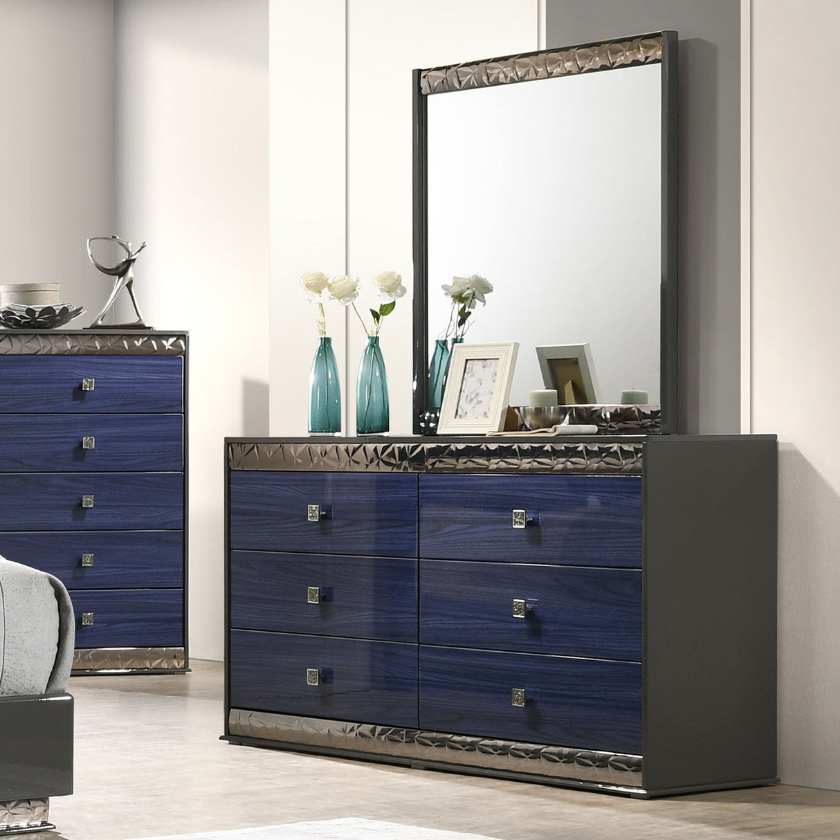 Morcote Ash Gray/Indigo Blue Dresser from Furniture of America - Luna Furniture