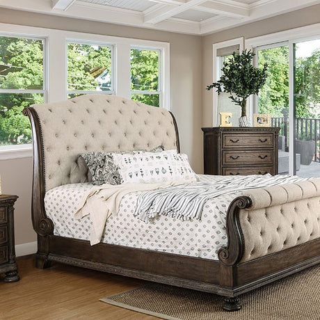 Lysandra  Antique Rustic Brown King Upholstered Sleigh Bed -  FOA - Luna Furniture