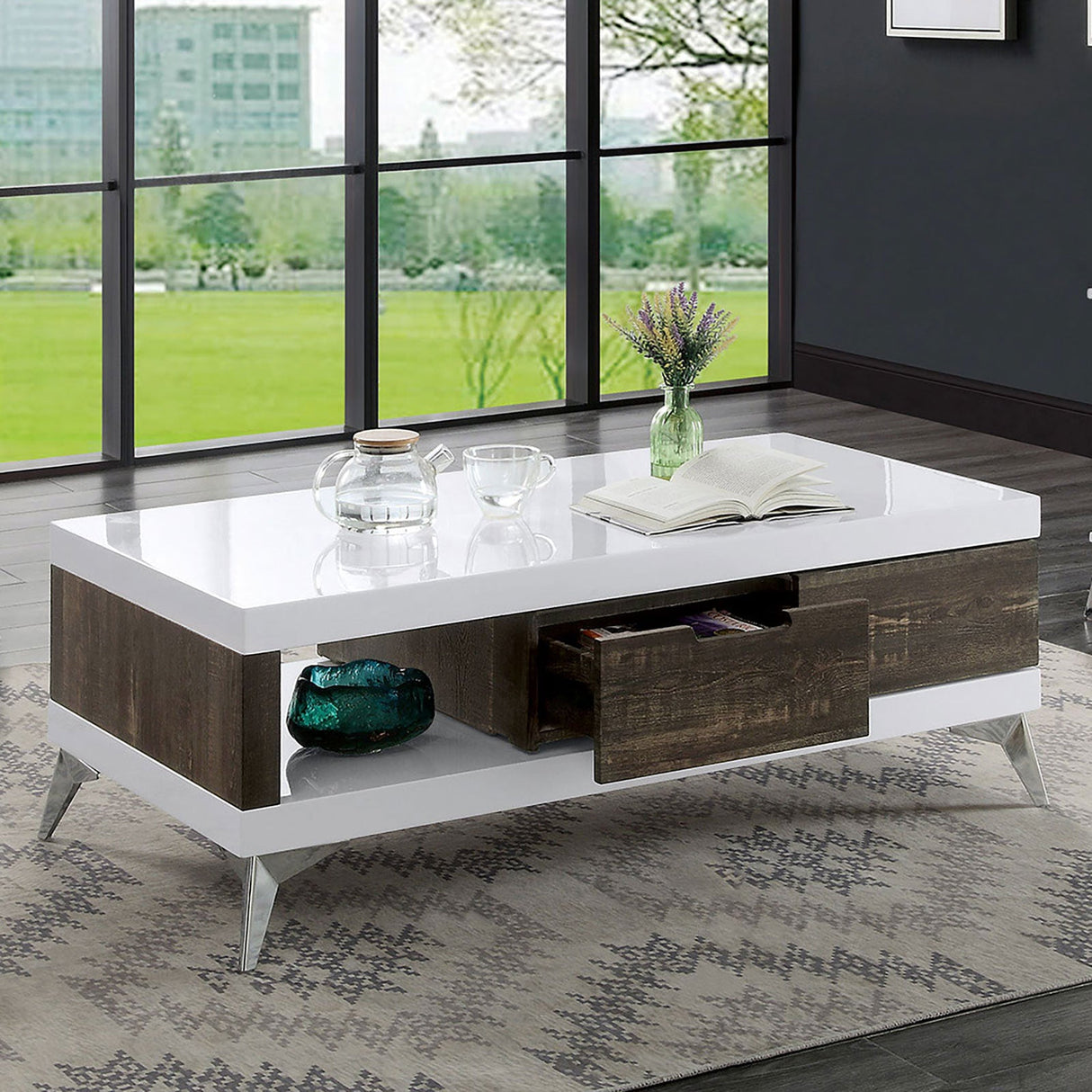 Corinne White/Distressed Dark Oak Coffee Table from Furniture of America - Luna Furniture