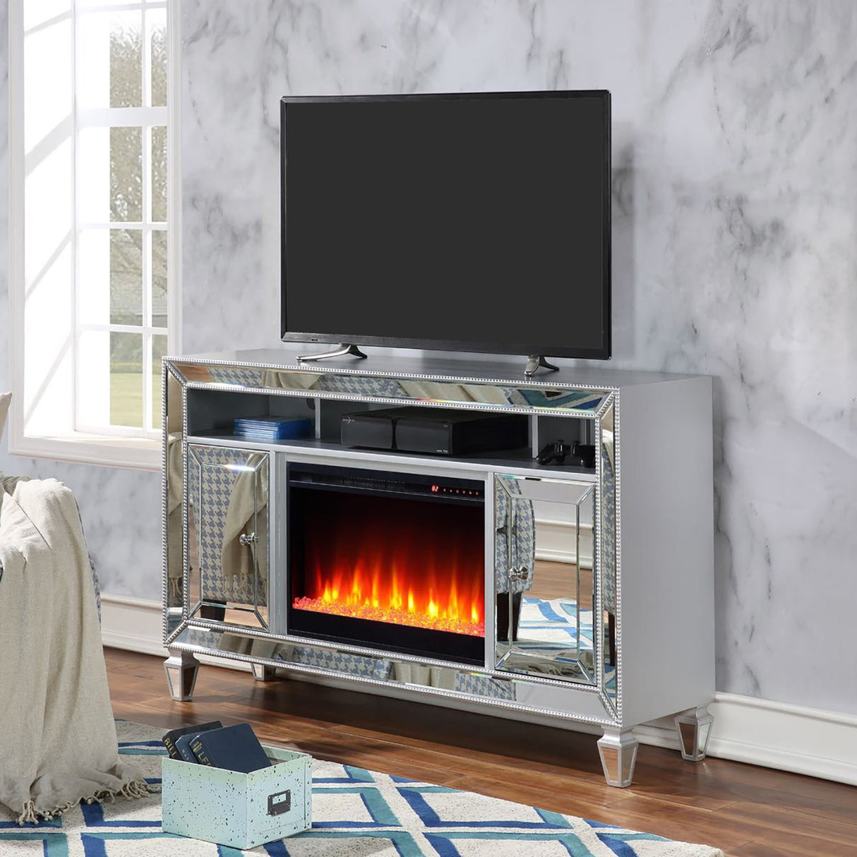 Seginus Silver TV Stand w/ Fire Place from Furniture of America - Luna Furniture