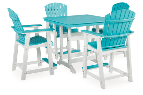 Eisely Turquoise/White Outdoor Counter Height Dining Table with 4 Barstools -  Ashley - Luna Furniture