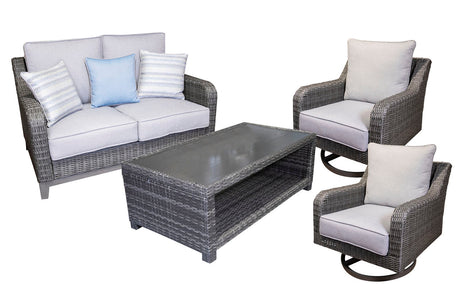 Elite Park Gray Outdoor Loveseat, 2 Lounge Chairs and Coffee Table -  Ashley - Luna Furniture