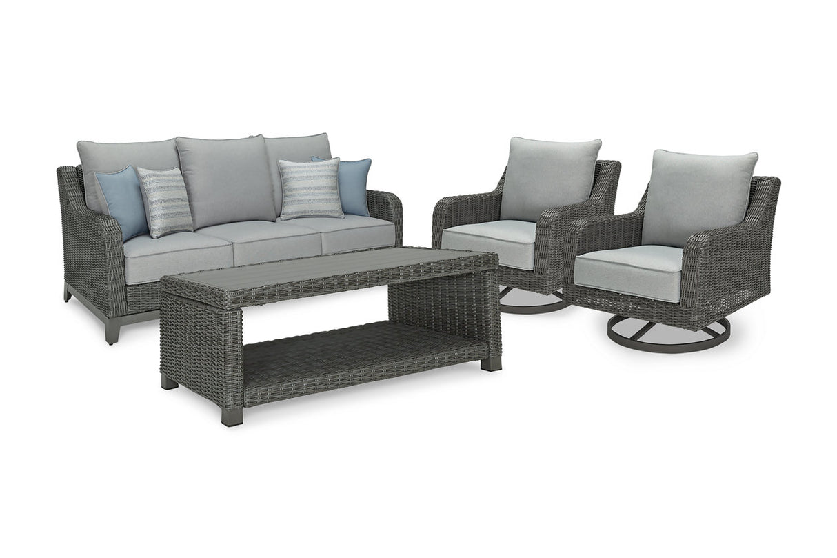 Elite Park Gray Outdoor Sofa, 2 Lounge Chairs and Coffee Table -  Ashley - Luna Furniture