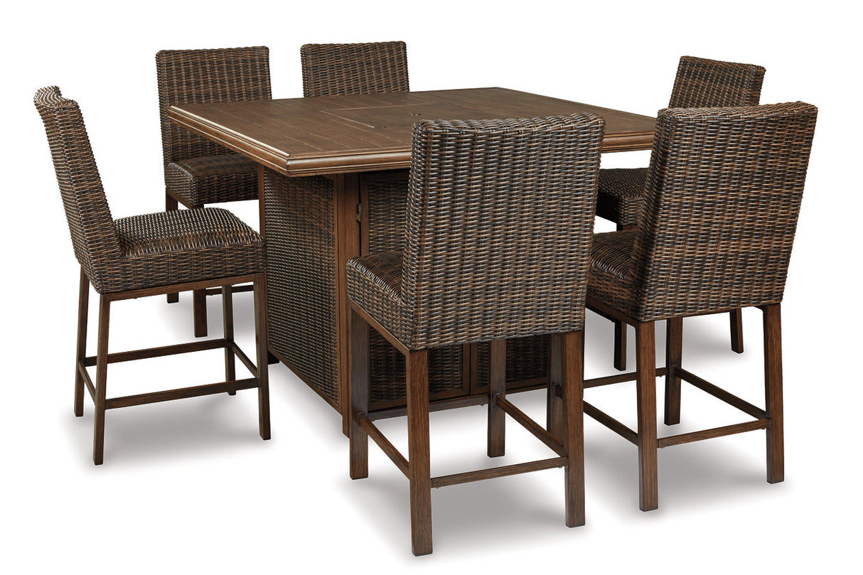 Paradise Trail Medium Brown Outdoor Bar Fire Pit Table with 6 Barstools -  Ashley - Luna Furniture