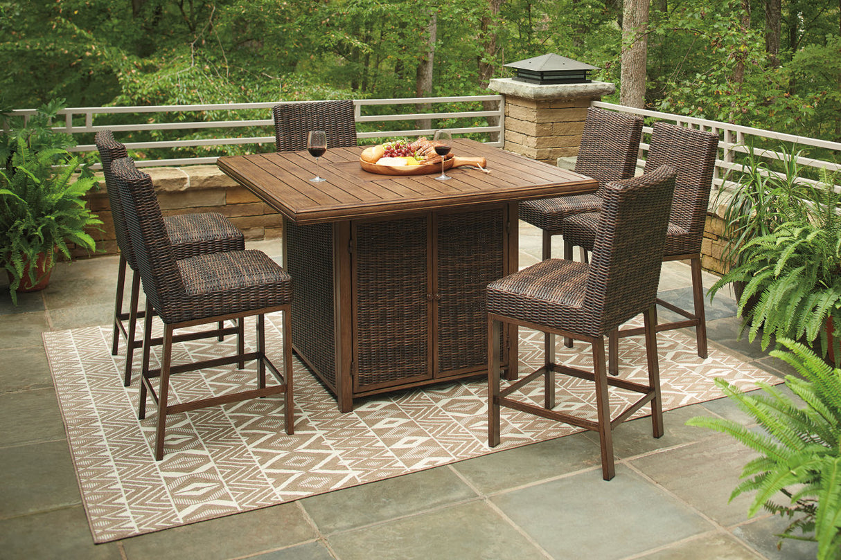 Paradise Trail Medium Brown Outdoor Bar Fire Pit Table with 6 Barstools -  Ashley - Luna Furniture