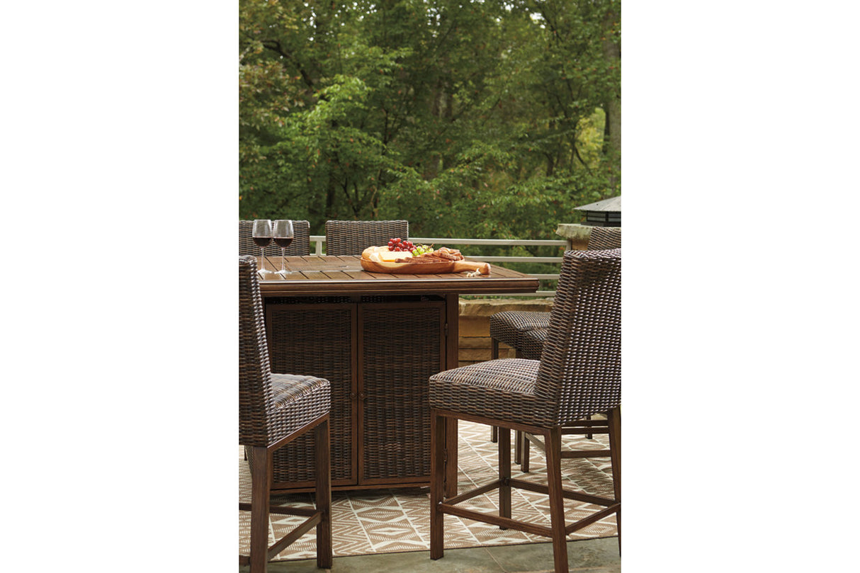 Paradise Trail Medium Brown Outdoor Bar Fire Pit Table with 6 Barstools -  Ashley - Luna Furniture