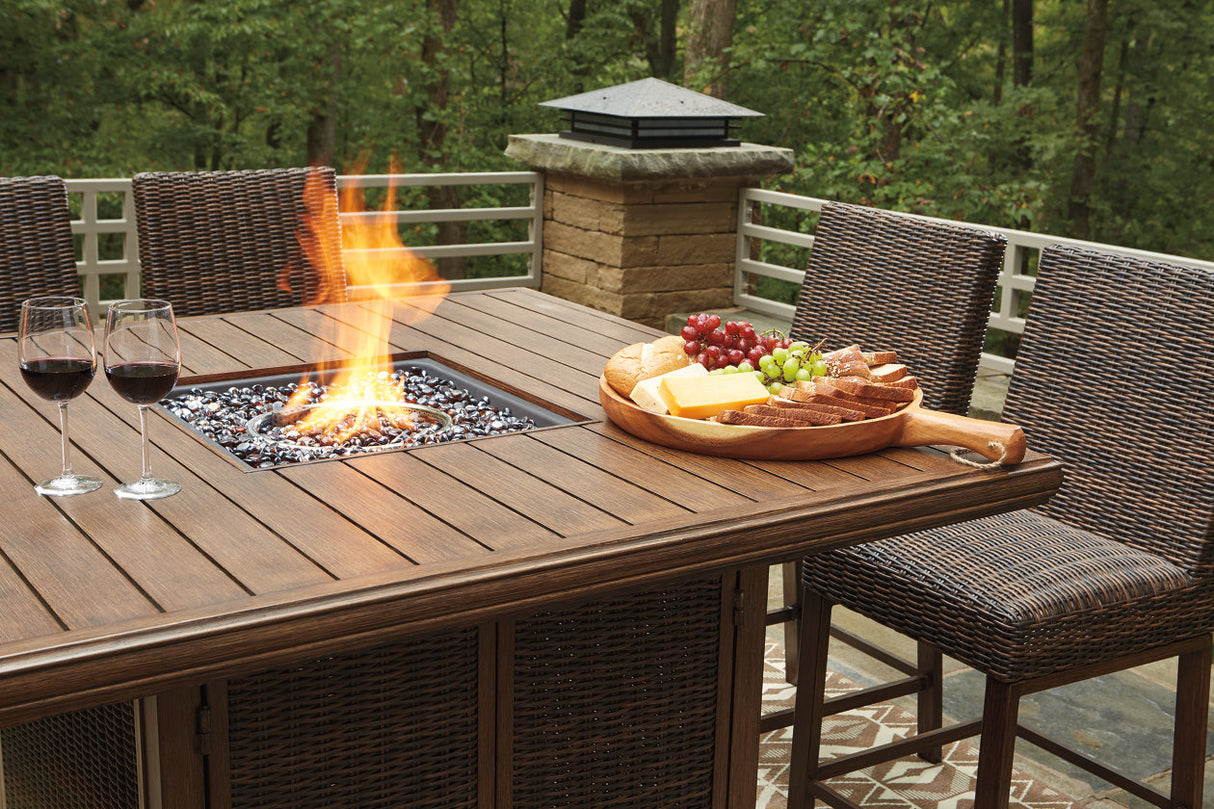 Paradise Trail Medium Brown Outdoor Bar Fire Pit Table with 6 Barstools -  Ashley - Luna Furniture