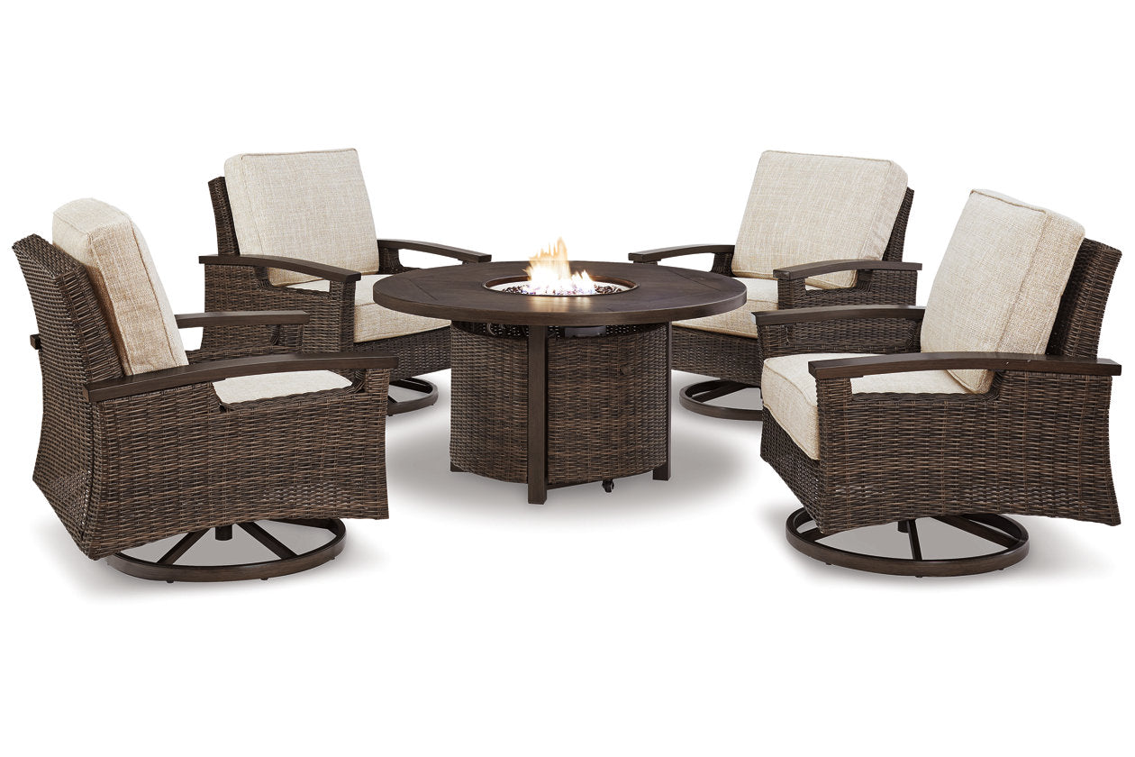 Paradise Trail Medium Brown Outdoor Fire Pit Table with 4 Lounge Chairs from Ashley - Luna Furniture