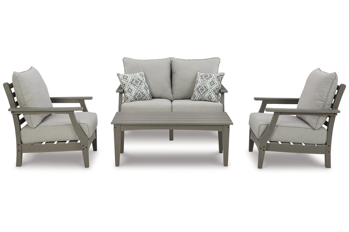 Visola Gray Outdoor Loveseat, 2 Lounge Chairs and Coffee Table -  Ashley - Luna Furniture