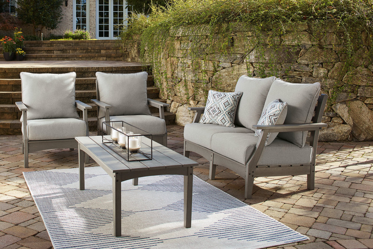 Visola Gray Outdoor Loveseat, 2 Lounge Chairs and Coffee Table -  Ashley - Luna Furniture